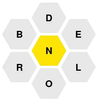 Screenshot of the Spelling Bee word game showing a hexagonal grid of 7 letters. The goal is to create words using the center letter.