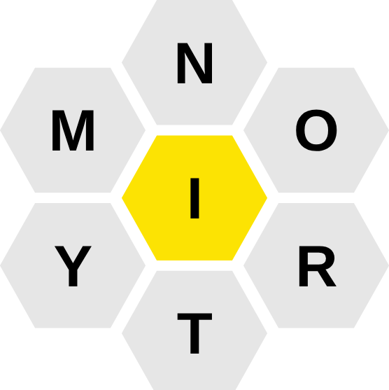 Live Hive honeycomb screenshot with required centre letter I (yellow) surrounded by M, N, O, R, T, Y. Pangram: MINORITY.