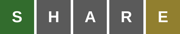 Wordle screenshot of the guess SHARE played against an answer where S is green at position 1, H, A and R are grey, and E is yellow at position 5.