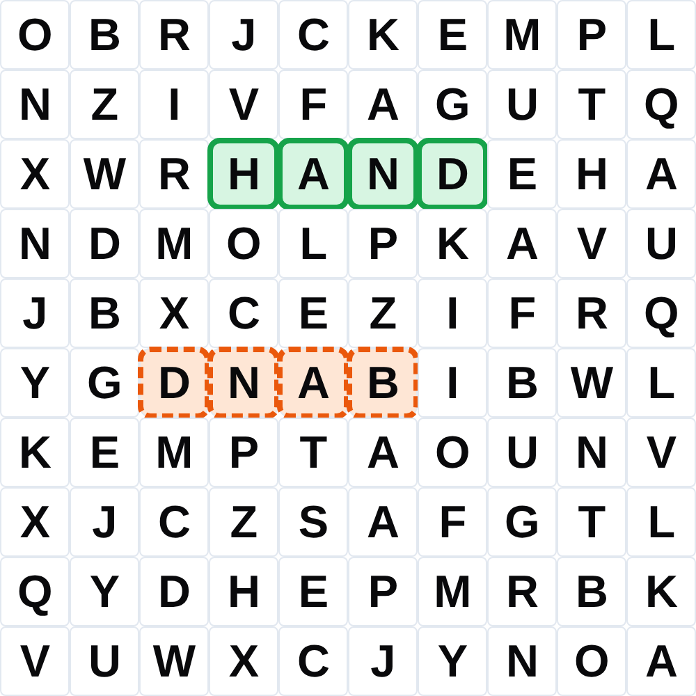 Word search grid screenshot with HAND highlighted in green (forward) and BAND highlighted in orange dashed (reversed).